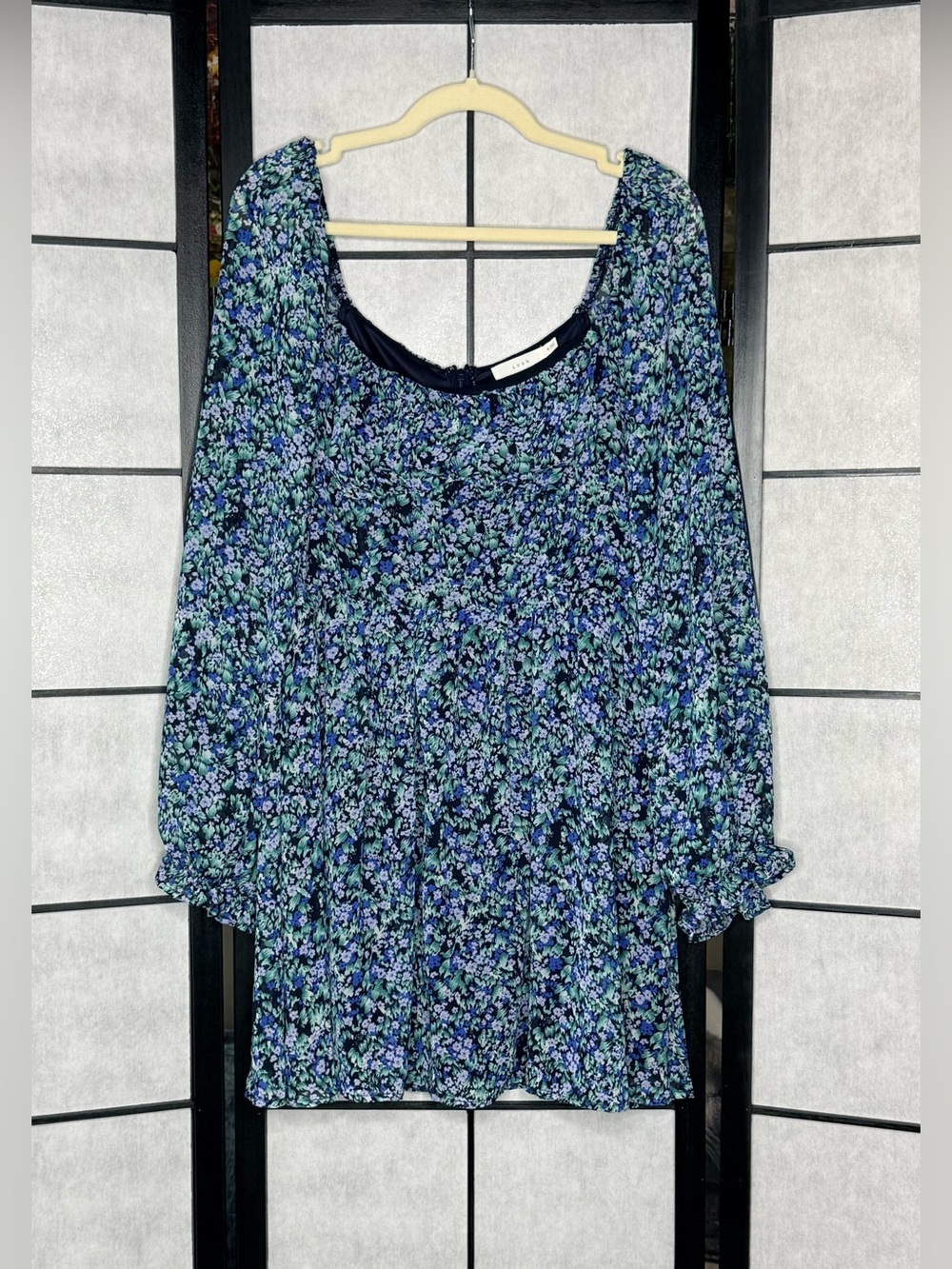 Lush Women Floral Long Sleeve Mini Dress Blue Green Size Medium